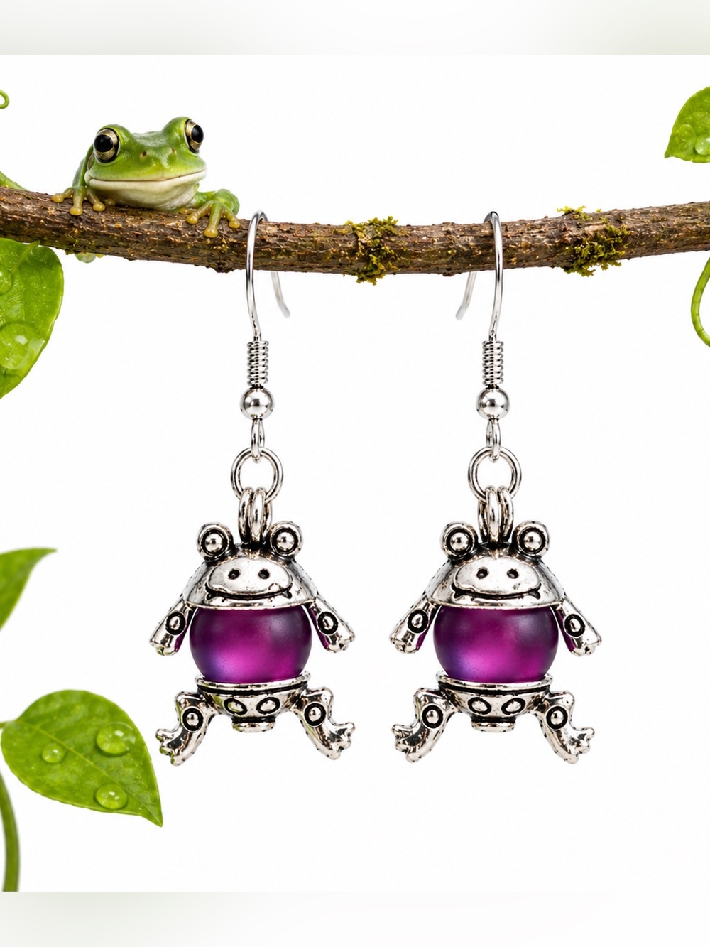 Whimsical Purple Frog Earrings, Nature Inspired Gift